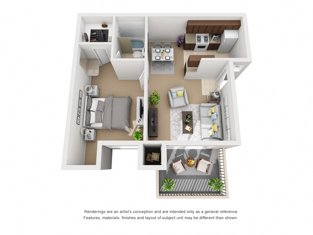 Floor plan for 1 bed, 1 bath, 629 sqft